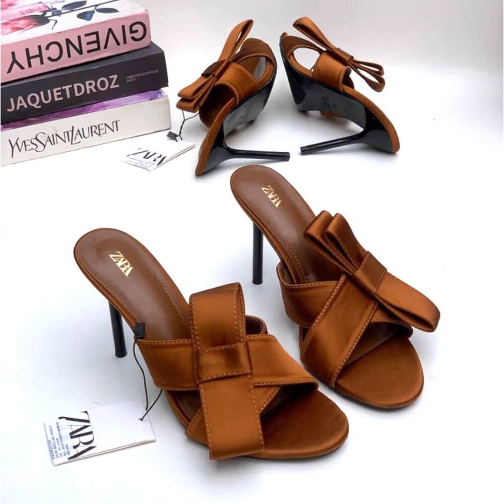 ZARA Satin Brown Heels NWT | Crossover Strap with Bow Detail - Picture 14 of 16